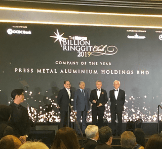 Press Metal Aluminium Holdings Berhad won the coveted The Edge Billion Ringgit Club (BRC) 2019 Company of the Year Award